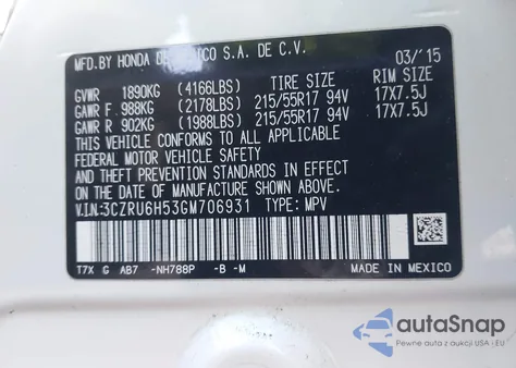 2016 Honda Hr-V Ex from USA, damaged, VIN 3CZRU6H53GM706931